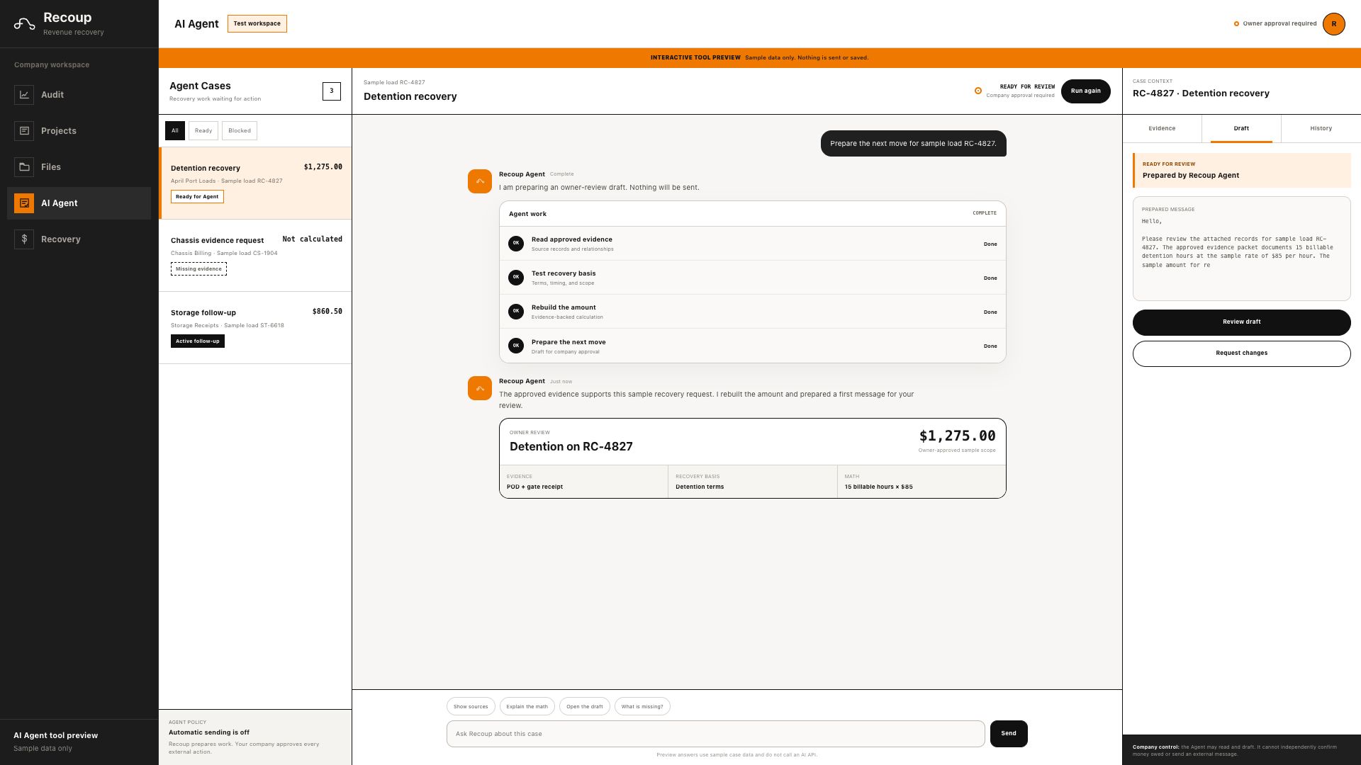 Recoup AI Agent preparing an evidence-linked detention recovery case for owner review