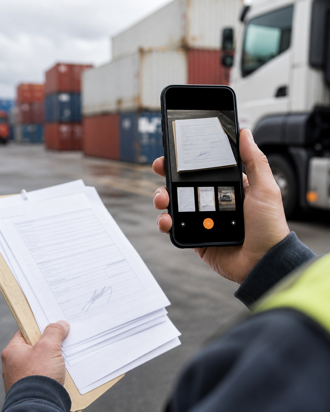 Truck driver photographing a signed delivery document at a container terminal with a phone