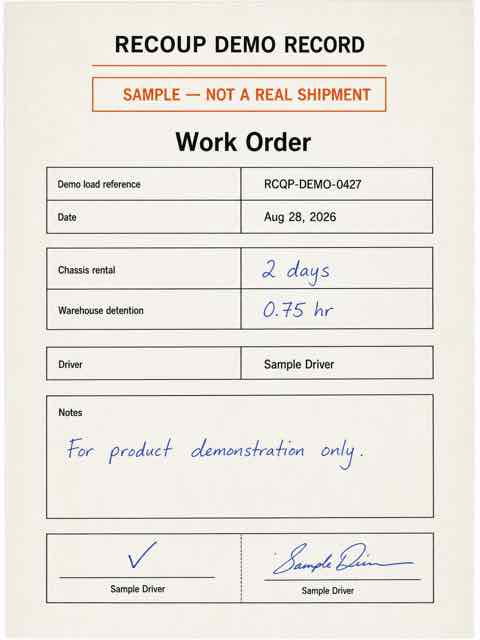 Fictional ReCoup demo work order marked as a sample and not a real shipment